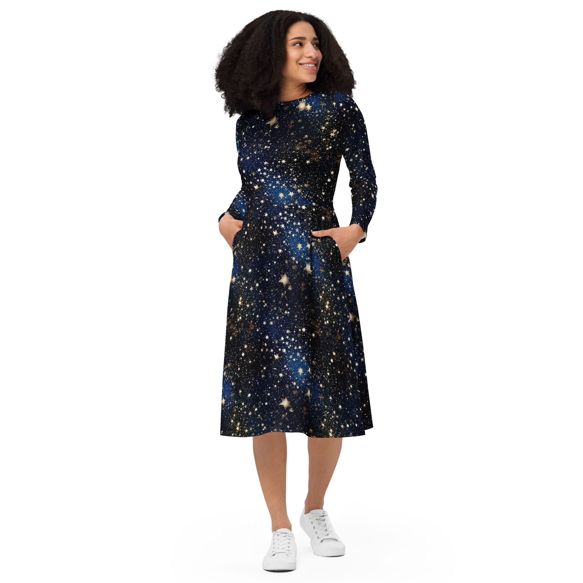 Celestial long sleeve midi dress with pockets, midnight blue with gold stars regular and plus size 3x 4x 5x 6x Celestial long sleeve midi dress with pockets, midnight blue with gold stars regular and plus size 3x 4x 5x 6x