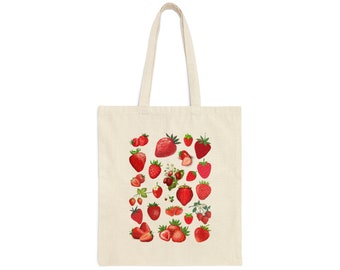 Strawberry Tote Bag, cottagecore Cotton Canvas Tote Bag, overnight bag, beach bag, reusable shopping bag, kawaii fruit bag