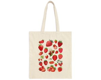 Strawberry Tote Bag, cottagecore Cotton Canvas Tote Bag, overnight bag, beach bag, reusable shopping bag, kawaii fruit bag