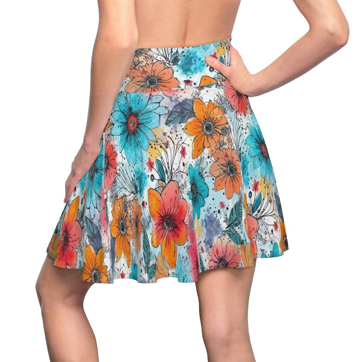 Floral Watercolor Skater Skirt, Women's Skater Skirt