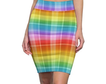 Rainbow Plaid Women's Pencil Skirt, pride clothing, lgbtqia+ apparel, trendy womens skirt