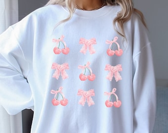 Coquette Clothing Soft Girl Crewneck Sweatshirt, dollcore aesthetic balletcore pink cherries bows sweater, trendy gift for her, plus size