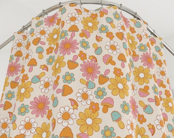 Retro Hippie Polyester Shower Curtain, maximalist home decor, vintage bathroom accessories, fun shower curtain kids teen bathroom
