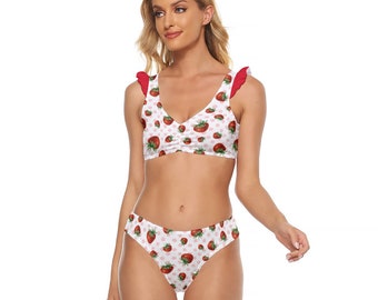 Women's Bikini Swimsuit With Ruffle Cuff Bra coquette bikini, Lolita aesthetic strawberry swimsuit, cottagecore bikini, two piece swimwear