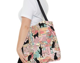 Parisian Cat Cafe Tote Bag, coquette aesthetic, princesscore, fairycore, trendy tote bag, beach bag, carry on