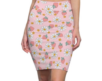 Cottagecore Strawberry Daisy Pencil Skirt, retro aesthetic mini skirt, y2k clothing 90s aesthetic spring summer clothes kawaii strawberry
