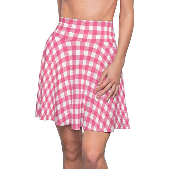 Pink Gingham Women's Skater Skirt, Women's Summer Clothing, Pink