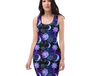 Sun Moon Stars Celestial Dress, women's summer clothing, witchy aesthetic dress, mystical clothing