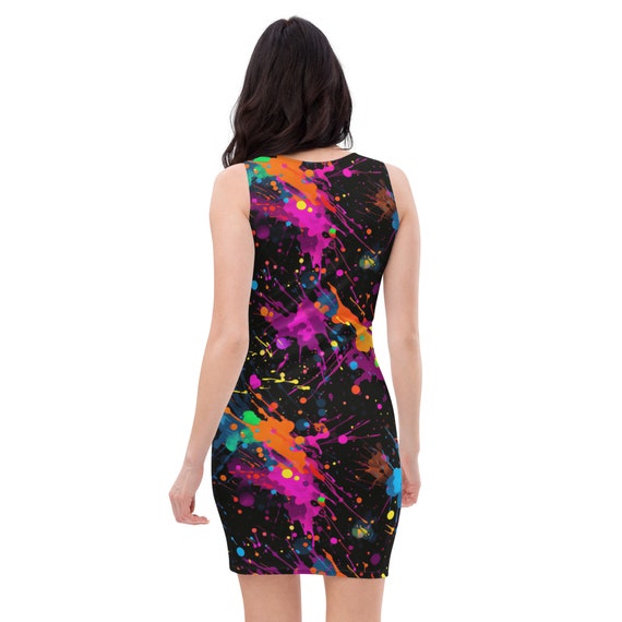 neon paint splatter dress Retro 80S Neon Paint Splatter Colorful Abstract Casual Beach Petite Skater Sun Dress