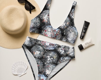 Disco Ball Recycled high-waisted bikini, trendy womens swimsuit, sustainable clothing, y2k bikini