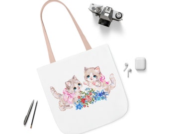 Coquette Retro Kitten Polyester Canvas Tote Bag, fairycore princesscore aesthetic tote bag, soft girl aesthetic, retro kitsch bag