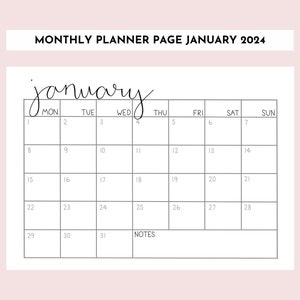 January 2024 Printable Calendar in Minimalist Design with Notes Section and Monday Start (Digital Download)