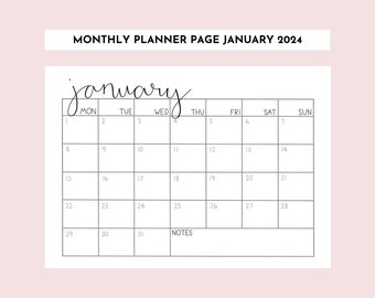 Druckbarer Kalender Januar 2024 im minimalistischen Design mit Notizen Abschnitt und Montag Start (Digital Download)