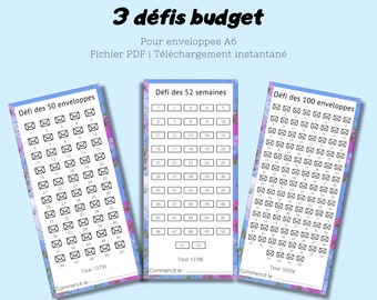 3 sfide con buste budget in formato A6 - Tracker sfida budget A6 francese - Kit sfida budget - PDF da stampare e plastificare