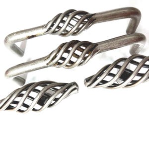 Birdcage Style Drawer Pulls Pewter Look 4" at Center, Oblong Knobs 2.5” at Length
