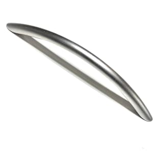 May include: A silver-toned, curved cabinet pull handle. The handle is smooth and has a slightly rounded edge.