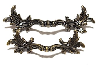 Fancy French Provincial Dresser Handle: TWO Sizes 2-1/2” or 3" Center Antique Brass Finish