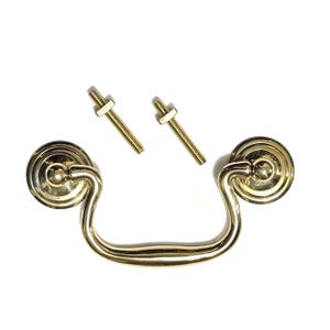 Solid Brass Drop Bail Swan Neck Drawer Pull with Rosettes Colonial Style 3" at center