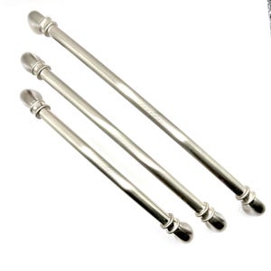 May include: Three silver-toned metal cabinet pulls arranged diagonally. Each pull features a smooth, cylindrical bar with a rounded, bulbous finial at both ends, separated from the main handle by a small, decorative ring detail in a polished finish.