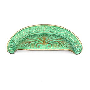 French Country Scroll Cup Pull with Green Verdigris: 2-1/2” Center to Center
