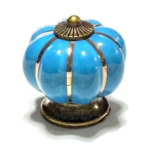 Puede incluir: Pomo decorativo para armario con diseño en forma de calabaza. El pomo presenta un acabado azul claro brillante con detalles verticales dorados. La base y la parte superior son de color latón antiguo.