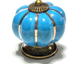 Ceramic Cabinet Knob Blue with Bronze Accent 1-1/3” Wide Fluted Sides