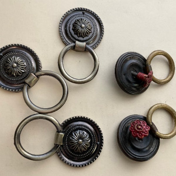 Drawer Pull Ring Style Bail Pull Eclectic Round Single Hole 2 Styles Black-Gold with Red or Brass with Bronze Tone