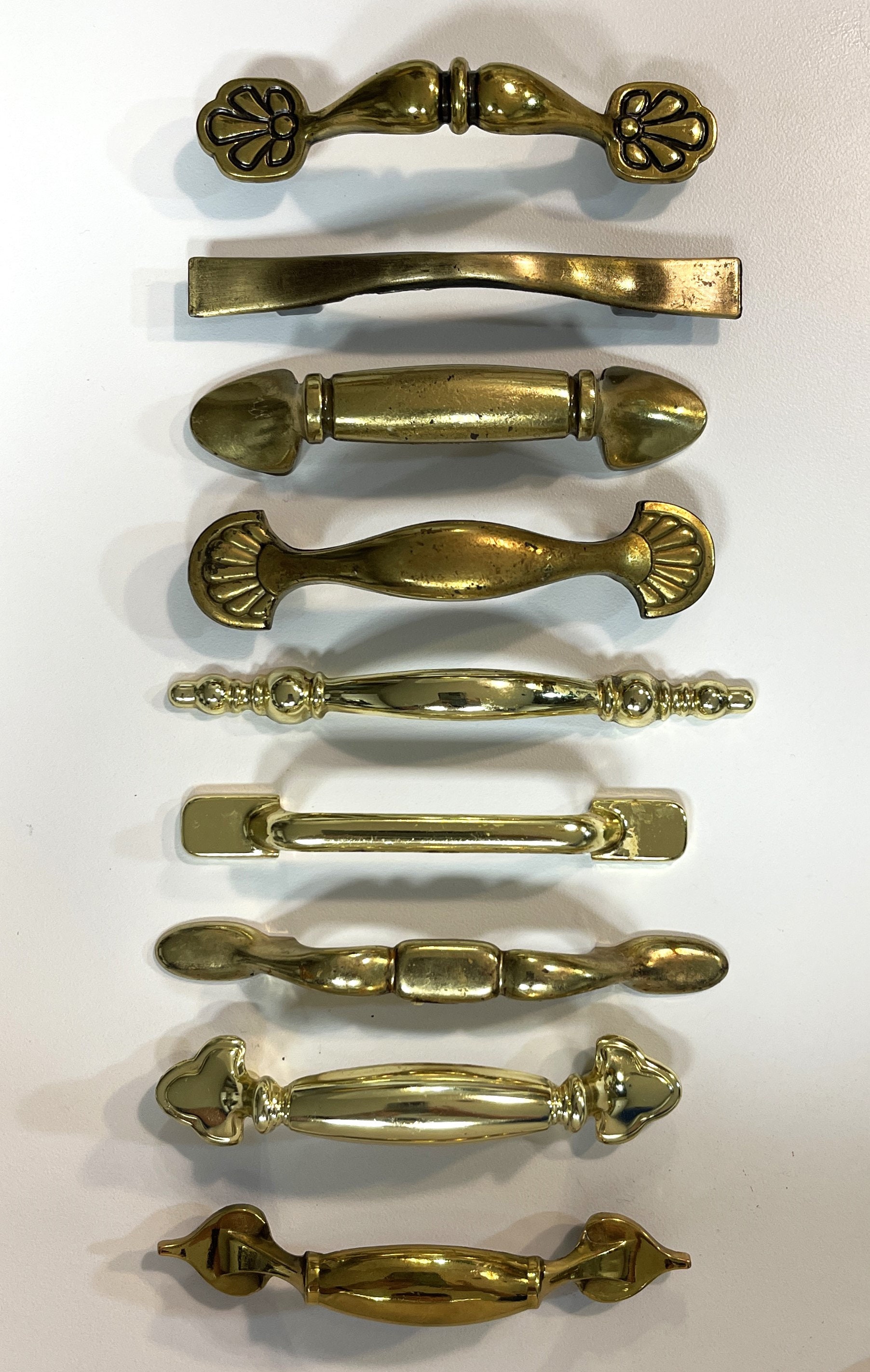 Classic Vintage Assortment of Brass Colored Drawer Pulls or Handles 3 inches Center to Center mounting