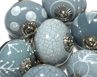 Hand-Painted Ceramic Knobs, Blue Grey with White Whimsical Designs