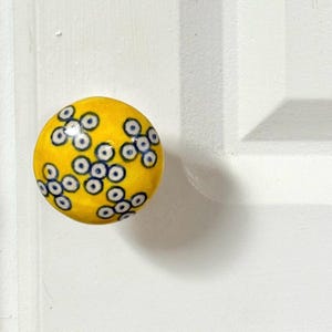 Handcrafted Artisan Yellow Blue and White Ceramic Knob 1-1/2” Width Boho