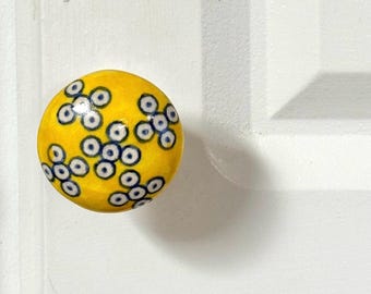 Handcrafted Artisan Yellow Blue and White Ceramic Knob 1-1/2” Width Boho