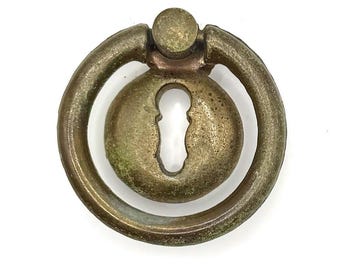 Vintage Brass Ring Pull with Keyhole Vertical Mount 1-1/4" Center Good Patina