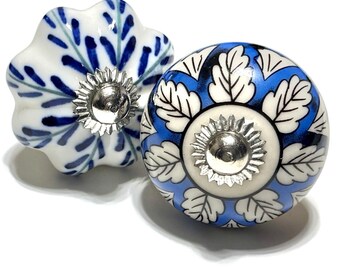 Artisan Boho Blue and White Glass or Ceramic Drawer Knobs. ONLY 2 REMAINING!!