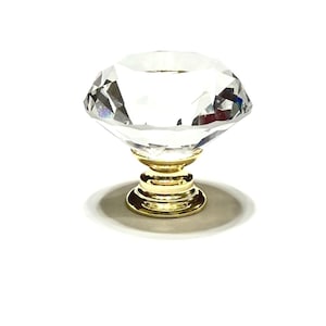 Clear Glass Faceted Diamond Effect Knob with Gold Base measuring 1-1/4” Wide / Tall