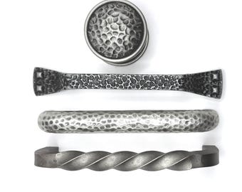 Hammered Effect and Twisted Metal in Pewter Finish Pulls and Knobs Rustic Farmhouse Textured
