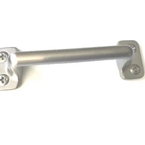 May include: A silver-colored cabinet pull with a rounded handle and two mounting plates, each secured with two screws. The hardware is designed for easy installation and a sleek, modern look.