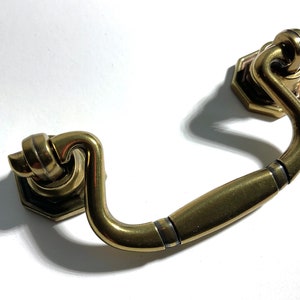 Pull - Swan Neck Drop Bail Antique Brass Finish Hexagon Backplate 2.5 Inches at Center Elegant Timeless