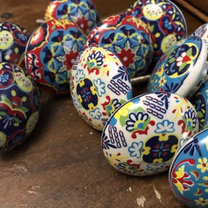 Multicolored Ceramic Hand Painted Boho Chic Pulls or Knobs 1.75&quot; Width Floral