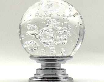 Clear Glass Knob Bubbles Inside set on Silver Colored Base Measures 1-1/4" wide