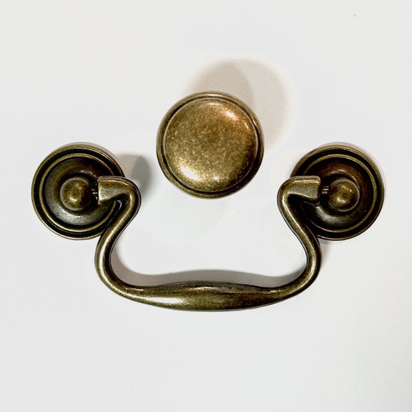 Drawer Pull Swan Neck Drop Bail Antique Brass Colored Pull or Knob 3 Inches at Center