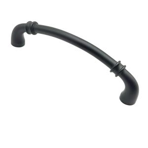 May include: A matte black cabinet pull with a curved arch design. The handle features two distinct decorative rings near each end, where the pull transitions into the mounting points. The finish is solid black with a smooth, uniform texture.