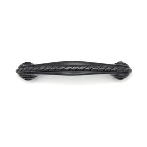 May include: A dark gray cabinet pull with a rope-like design in the center. The ends of the pull have a decorative, rounded design. The hardware is made of metal and is set against a white background.