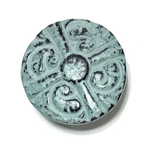 French Filigree Knob, Farmhouse Distressed Blue-Green, Cast Iron, 2" Wide