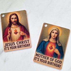 Etichette regalo di compleanno con Gesù e la Vergine Maria, umorismo irlandese, cattolico, divertente, Sacro Cuore e Madre di Dio. Set di sei con due disegni.