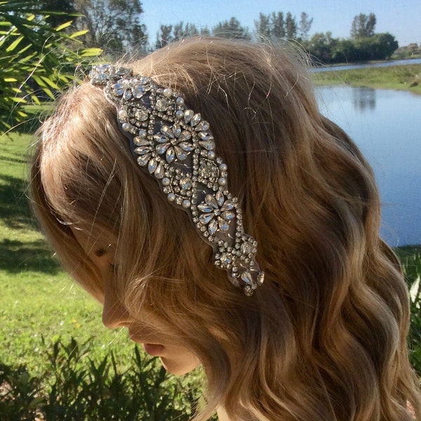 Silver Swarovski Crystal Pearl Headband, Headpiece, Tiara