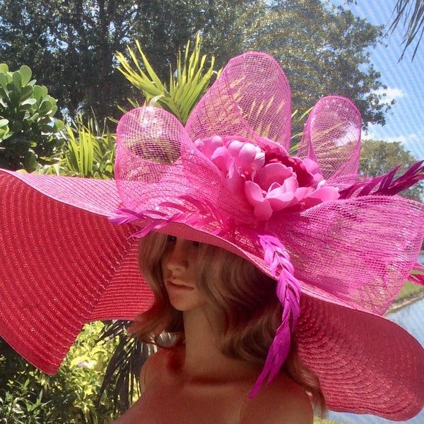 Stro oversize Kentucky Derby hoed, roze grote zon strandhoed, kies je kleur, brede rand Boho hoed