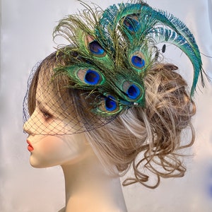 Fascinator  With Veil, Birdcage Veil, Peacock Feather Headpiece, Art Deco Bride