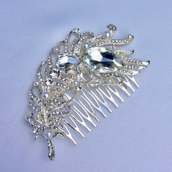 Peacock Wedding Hair Accessory, Rhinestone Peacock Feather Comb, Bridal Hair Jewelry, Rhinestone Bridal Hair Comb