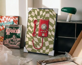 Retro Red Rotary Phone Art Print, Vintage Graphic Wall Art (Digital Download)