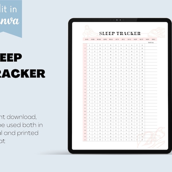 Sleep Tracker, Monthly Sleep Tracker, Quality of Sleep Journal, Sleep Tracker Spreadsheet, Sleep Journal, Digital Download, Printable, PDF